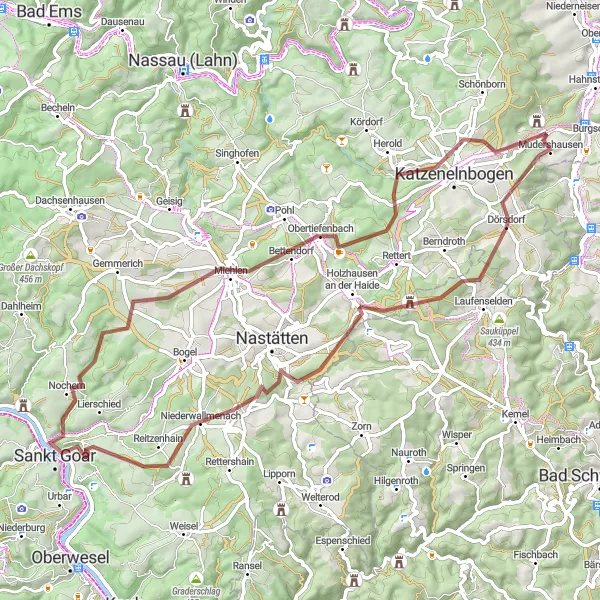 Karten-Miniaturansicht der Radinspiration "Rund um Sankt Goarshausen" in Koblenz, Germany. Erstellt vom Tarmacs.app-Routenplaner für Radtouren