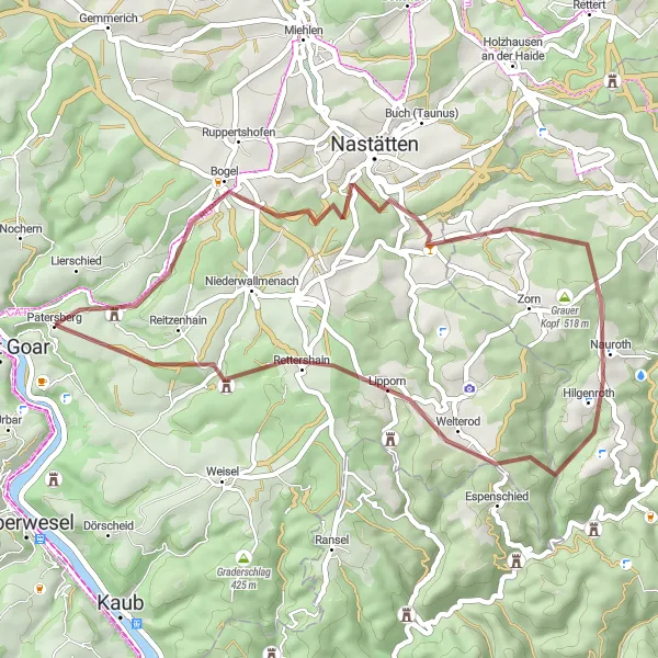 Map miniature of "Gravel trail through Aueler Höhe, Springerskopf, Dickschied, Lipporn, Stahleck, and Heide" cycling inspiration in Koblenz, Germany. Generated by Tarmacs.app cycling route planner