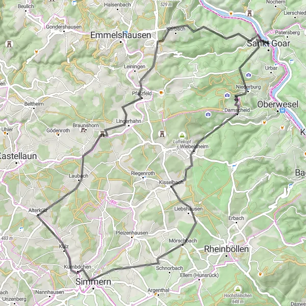 Karten-Miniaturansicht der Radinspiration "Hunsrück Herausforderung" in Koblenz, Germany. Erstellt vom Tarmacs.app-Routenplaner für Radtouren