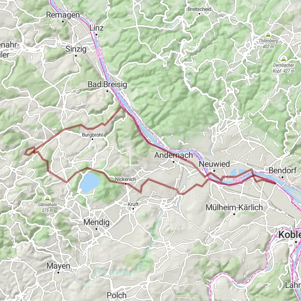 Map miniature of "Along the Rhine and through the Volcanic Eifel" cycling inspiration in Koblenz, Germany. Generated by Tarmacs.app cycling route planner