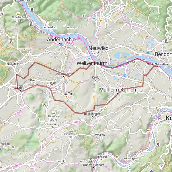 Map miniature of "The Gravel Adventure" cycling inspiration in Koblenz, Germany. Generated by Tarmacs.app cycling route planner