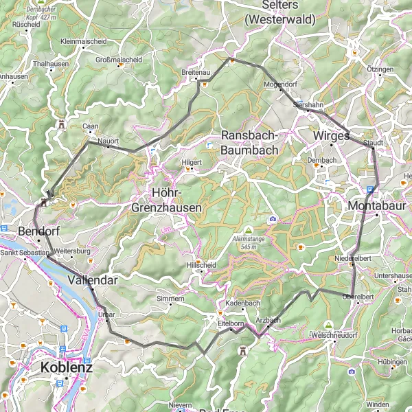 Map miniature of "The Vallendar Route" cycling inspiration in Koblenz, Germany. Generated by Tarmacs.app cycling route planner