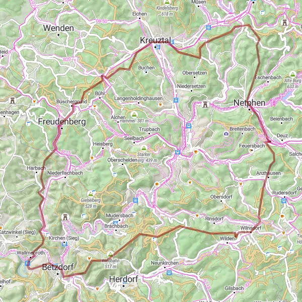 Map miniature of "Gravel Adventure through Scenic Landscapes" cycling inspiration in Koblenz, Germany. Generated by Tarmacs.app cycling route planner