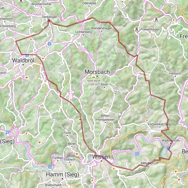 Map miniature of "Waldbröl Adventure" cycling inspiration in Koblenz, Germany. Generated by Tarmacs.app cycling route planner