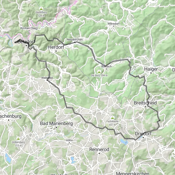 Map miniature of "The Druidenstein Loop" cycling inspiration in Koblenz, Germany. Generated by Tarmacs.app cycling route planner