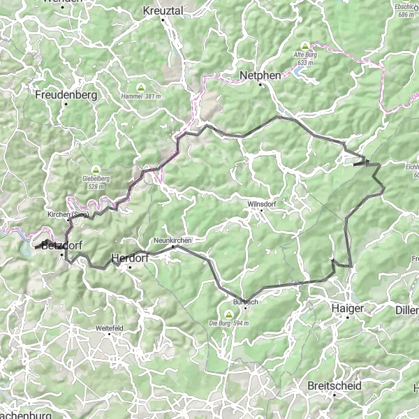 Map miniature of "Historic Towns and Scenic Routes" cycling inspiration in Koblenz, Germany. Generated by Tarmacs.app cycling route planner