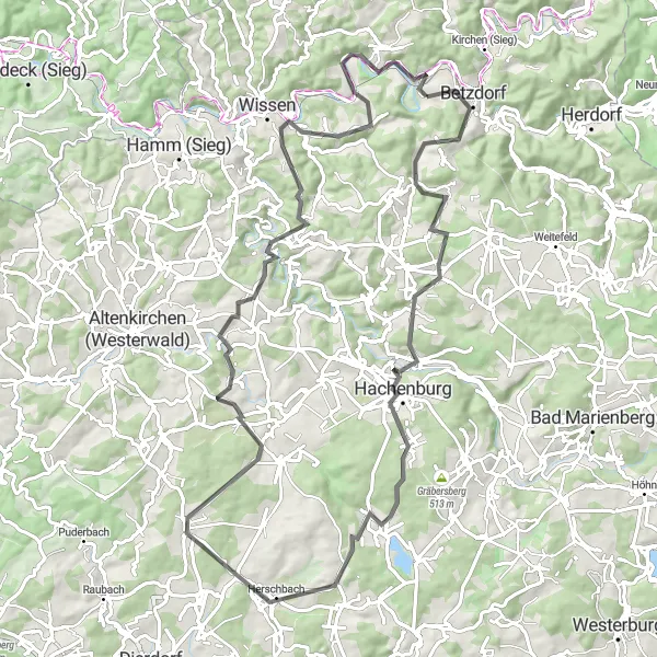 Map miniature of "Alsberg and Herschbach Loop" cycling inspiration in Koblenz, Germany. Generated by Tarmacs.app cycling route planner