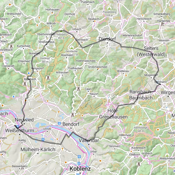 Map miniature of "Westerwald Loop" cycling inspiration in Koblenz, Germany. Generated by Tarmacs.app cycling route planner