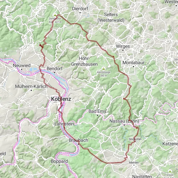 Map miniature of "The Gravel Adventure across Scenic Countryside" cycling inspiration in Koblenz, Germany. Generated by Tarmacs.app cycling route planner