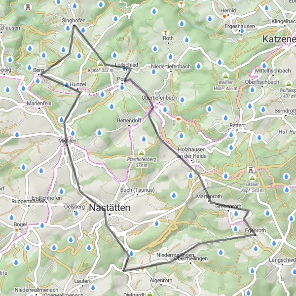 Map miniature of "Singhofen - Lollschied - Lohköppel - Nastätten - Dornberg - Berg" cycling inspiration in Koblenz, Germany. Generated by Tarmacs.app cycling route planner