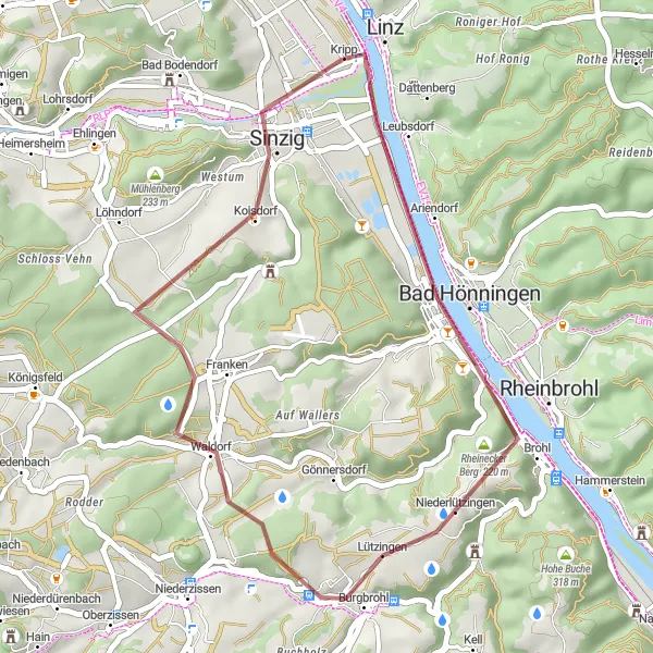 Map miniature of "Linz and Rheinecker Berg Gravel Ride" cycling inspiration in Koblenz, Germany. Generated by Tarmacs.app cycling route planner