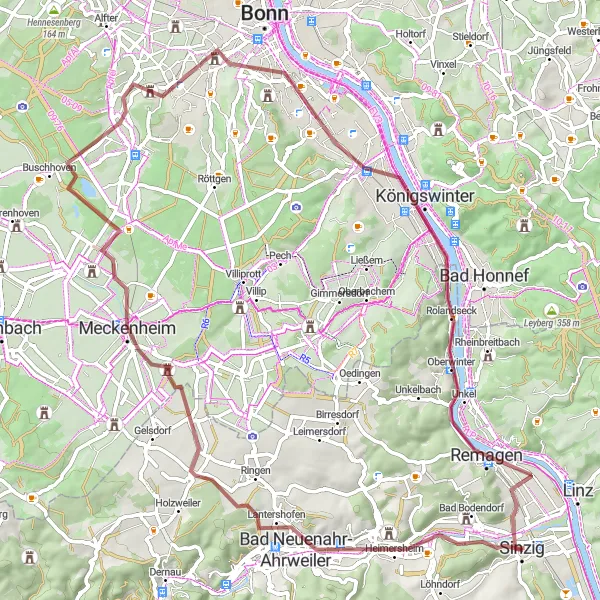 Map miniature of "Gravel adventure via Bad Neuenahr-Ahrweiler and Königswinter" cycling inspiration in Koblenz, Germany. Generated by Tarmacs.app cycling route planner
