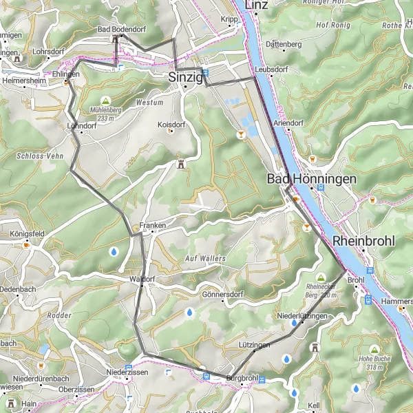 Map miniature of "Scenic road route via Rheinecker Berg and Waldorf" cycling inspiration in Koblenz, Germany. Generated by Tarmacs.app cycling route planner