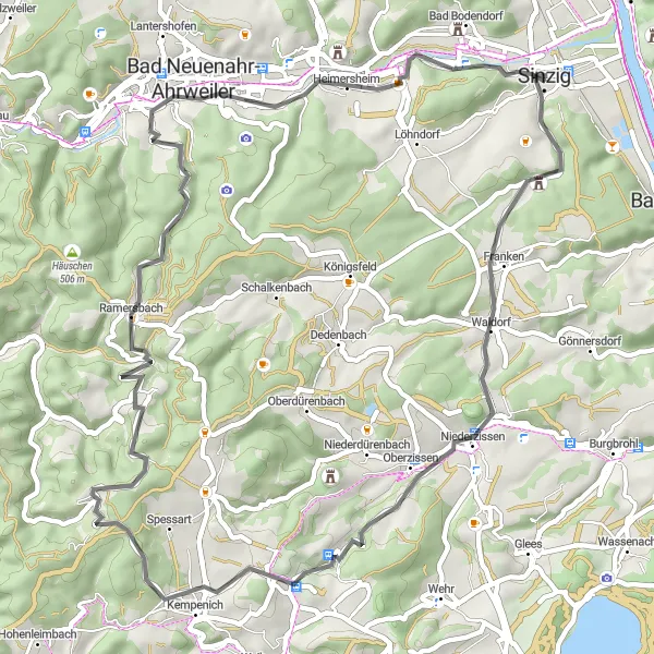 Map miniature of "Sinzig to Bad Neuenahr Road Cycling Route" cycling inspiration in Koblenz, Germany. Generated by Tarmacs.app cycling route planner