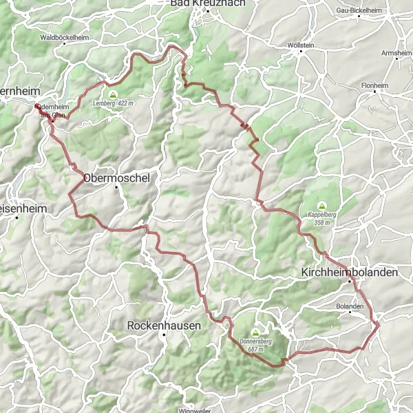 Karten-Miniaturansicht der Radinspiration "Gravel-Tour über 97 km rund um Staudernheim" in Koblenz, Germany. Erstellt vom Tarmacs.app-Routenplaner für Radtouren