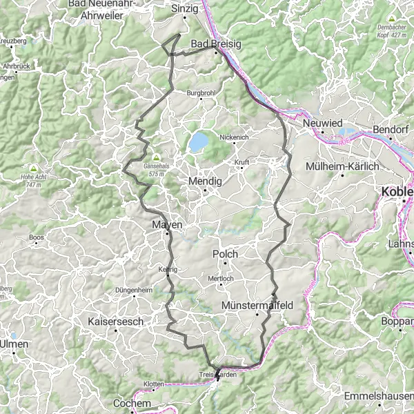 Map miniature of "Mountains and Valleys" cycling inspiration in Koblenz, Germany. Generated by Tarmacs.app cycling route planner