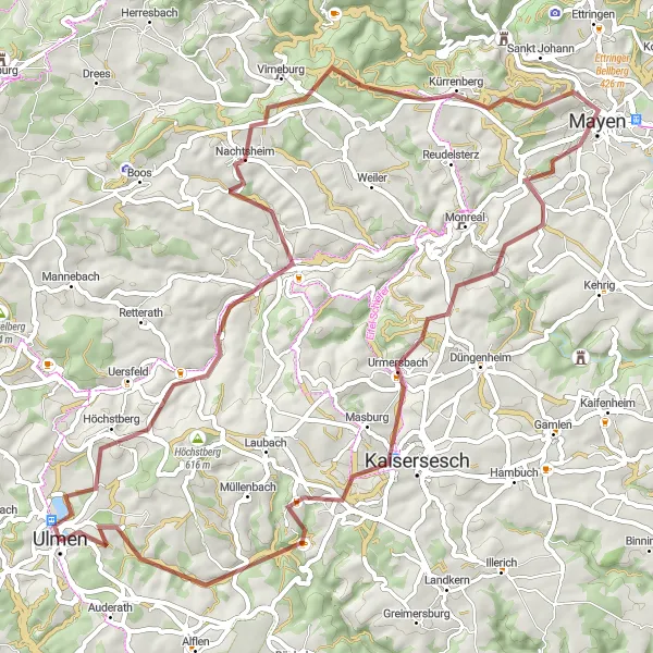 Map miniature of "Off-road Adventure – Gravel" cycling inspiration in Koblenz, Germany. Generated by Tarmacs.app cycling route planner