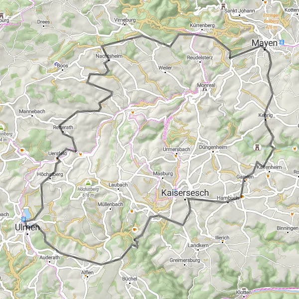 Map miniature of "Road to Auderath" cycling inspiration in Koblenz, Germany. Generated by Tarmacs.app cycling route planner