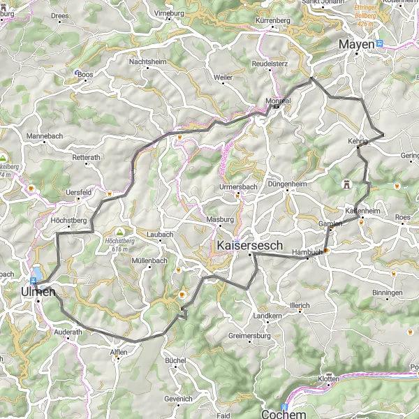 Map miniature of "Road route from Ulmen to Oberburg Ulmen" cycling inspiration in Koblenz, Germany. Generated by Tarmacs.app cycling route planner