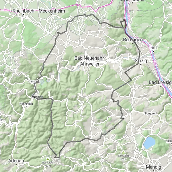 Karten-Miniaturansicht der Radinspiration "Herausfordernde Tour von Unkel nach Altenahr" in Koblenz, Germany. Erstellt vom Tarmacs.app-Routenplaner für Radtouren