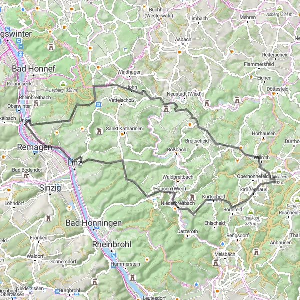 Map miniature of "Road Challenge" cycling inspiration in Koblenz, Germany. Generated by Tarmacs.app cycling route planner