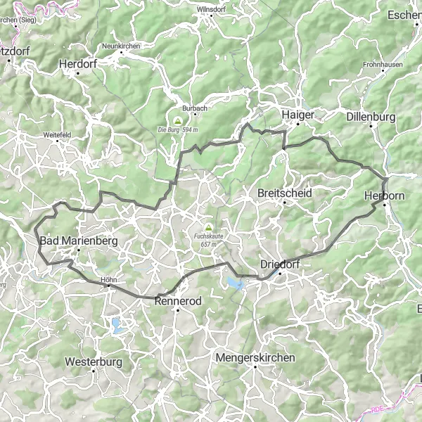 Karten-Miniaturansicht der Radinspiration "Große Unnau Radrunde mit Aussichtsturm Dillblick" in Koblenz, Germany. Erstellt vom Tarmacs.app-Routenplaner für Radtouren