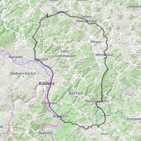 Karten-Miniaturansicht der Radinspiration "114 km Road-Tour mit 1669 m Aufstieg" in Koblenz, Germany. Erstellt vom Tarmacs.app-Routenplaner für Radtouren
