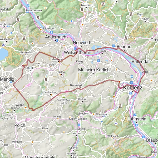 Karten-Miniaturansicht der Radinspiration "Graveltour um Koblenz" in Koblenz, Germany. Erstellt vom Tarmacs.app-Routenplaner für Radtouren
