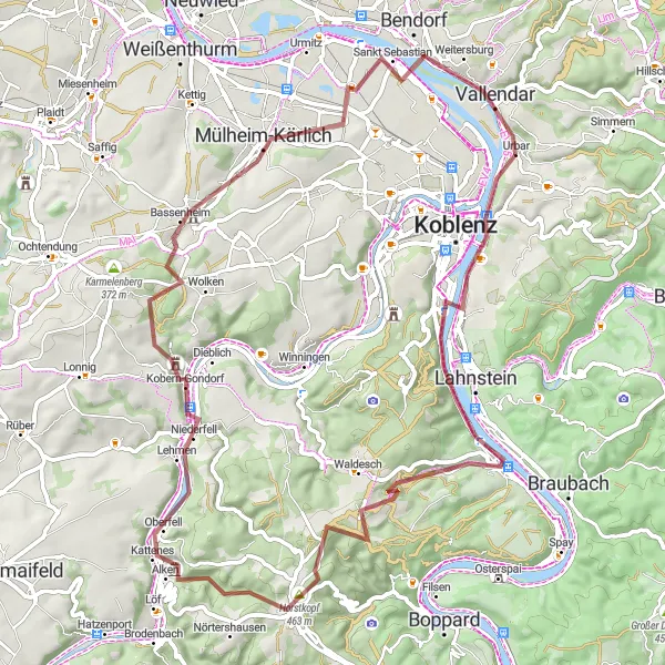 Karten-Miniaturansicht der Radinspiration "Abenteuerliche Schottertour entlang des Rheins" in Koblenz, Germany. Erstellt vom Tarmacs.app-Routenplaner für Radtouren