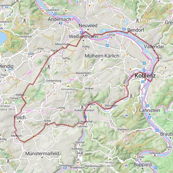 Map miniature of "Off-The-Beaten-Path Gravel Adventure" cycling inspiration in Koblenz, Germany. Generated by Tarmacs.app cycling route planner