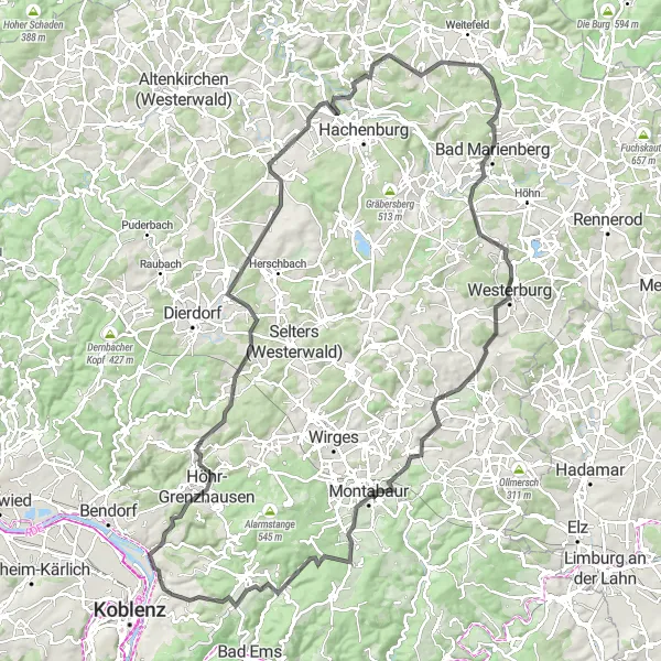 Map miniature of "The Vallendar Loop" cycling inspiration in Koblenz, Germany. Generated by Tarmacs.app cycling route planner