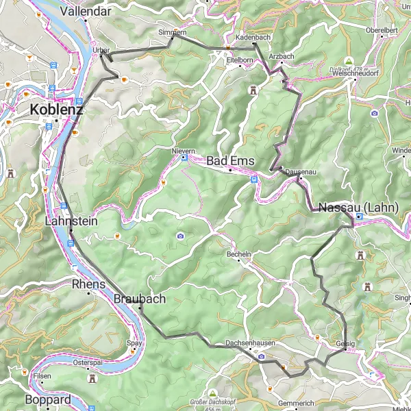 Map miniature of "Enchanting Villages" cycling inspiration in Koblenz, Germany. Generated by Tarmacs.app cycling route planner