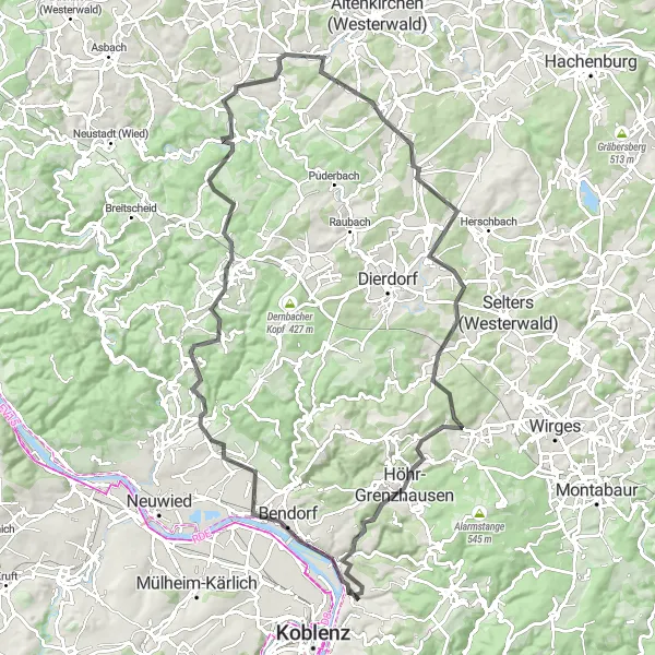 Karten-Miniaturansicht der Radinspiration "Rund um Koblenz - Road Cycling" in Koblenz, Germany. Erstellt vom Tarmacs.app-Routenplaner für Radtouren