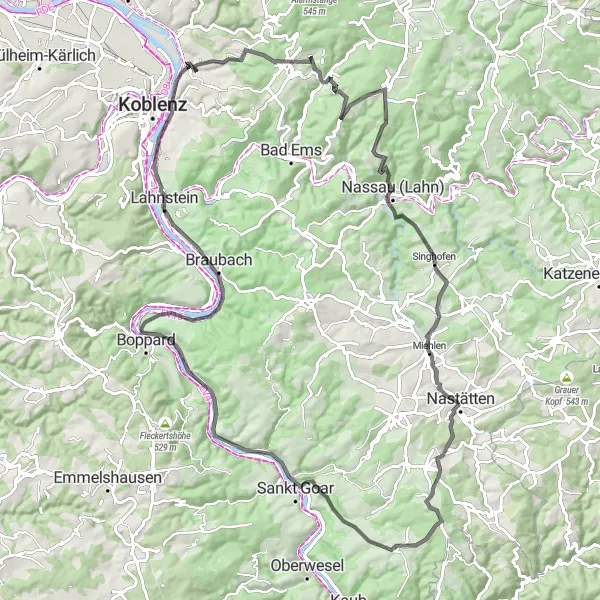 Map miniature of "Urbar Road Route" cycling inspiration in Koblenz, Germany. Generated by Tarmacs.app cycling route planner