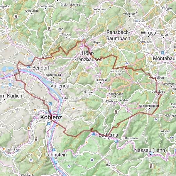 Map miniature of "Hidden Gems of the Westerwald" cycling inspiration in Koblenz, Germany. Generated by Tarmacs.app cycling route planner