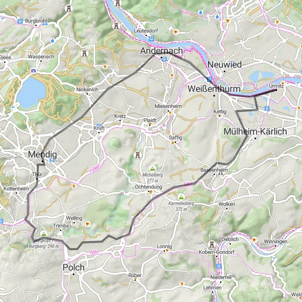 Map miniature of "Urmitz Road Adventure" cycling inspiration in Koblenz, Germany. Generated by Tarmacs.app cycling route planner