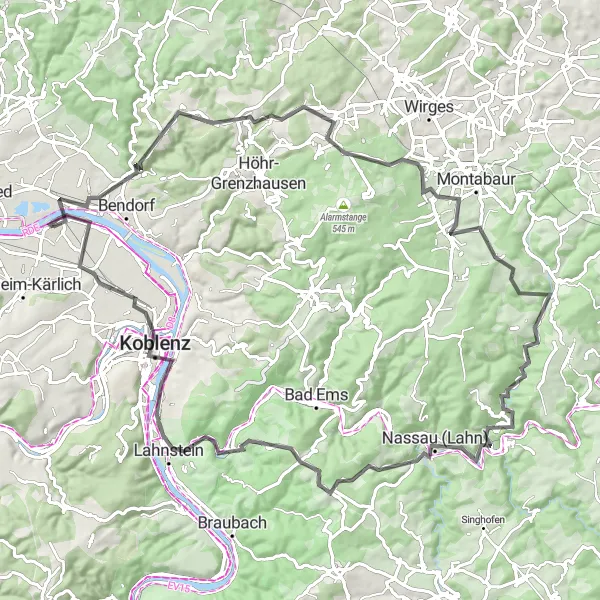 Map miniature of "The Rhine Valley Road Adventure" cycling inspiration in Koblenz, Germany. Generated by Tarmacs.app cycling route planner