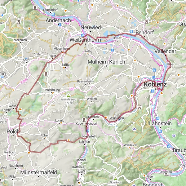 Map miniature of "The Epic Gravel Route of Winningen" cycling inspiration in Koblenz, Germany. Generated by Tarmacs.app cycling route planner