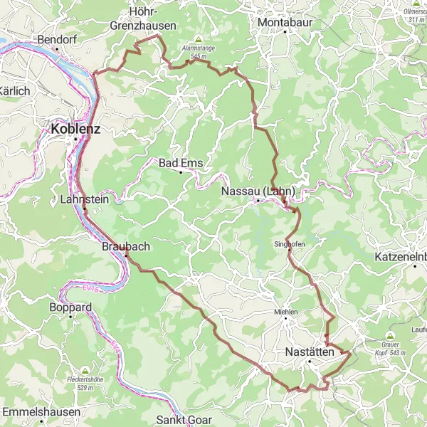 Map miniature of "Gravel Adventure through Welschneudorf and Hollerberg" cycling inspiration in Koblenz, Germany. Generated by Tarmacs.app cycling route planner