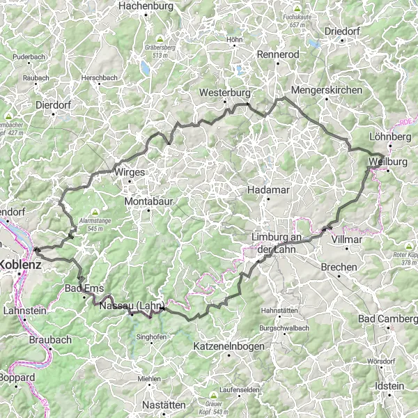 Karten-Miniaturansicht der Radinspiration "Herausfordernde Tour um Vallendar" in Koblenz, Germany. Erstellt vom Tarmacs.app-Routenplaner für Radtouren