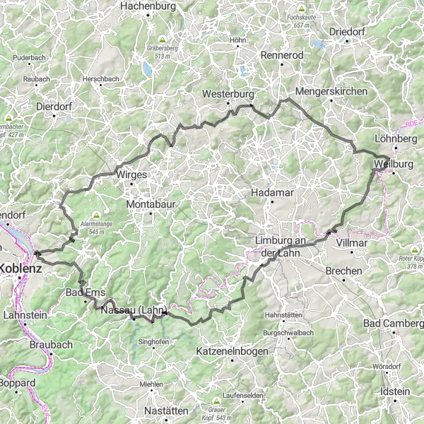 Map miniature of "Höhr-Grenzhausen Adventure" cycling inspiration in Koblenz, Germany. Generated by Tarmacs.app cycling route planner