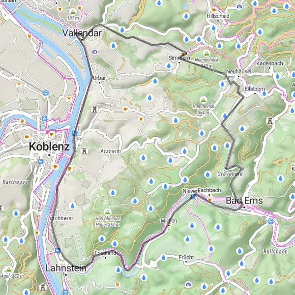 Map miniature of "Scenic Route to Miellen and Allerheiligenberg" cycling inspiration in Koblenz, Germany. Generated by Tarmacs.app cycling route planner