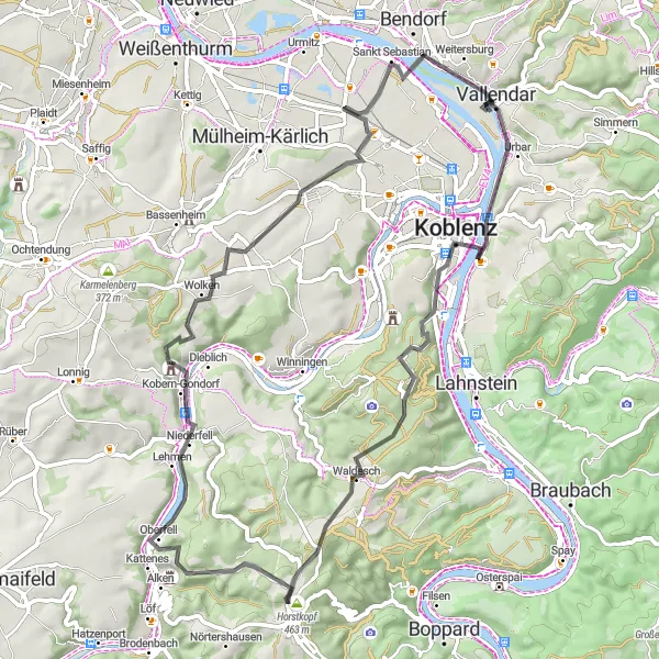 Map miniature of "The Adventurous Road Trip to Rheinanschlusskaserne" cycling inspiration in Koblenz, Germany. Generated by Tarmacs.app cycling route planner