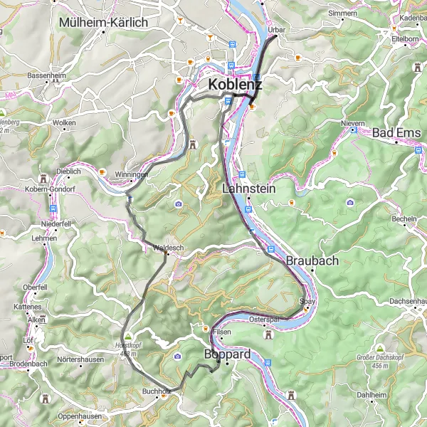 Map miniature of "The Road Cycling Tour of Koblenz" cycling inspiration in Koblenz, Germany. Generated by Tarmacs.app cycling route planner