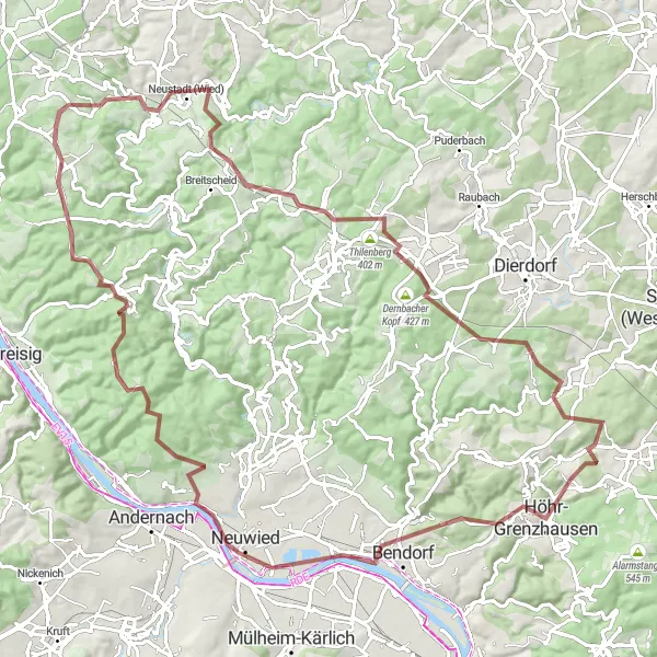 Map miniature of "Westerwald Gravel Epic" cycling inspiration in Koblenz, Germany. Generated by Tarmacs.app cycling route planner