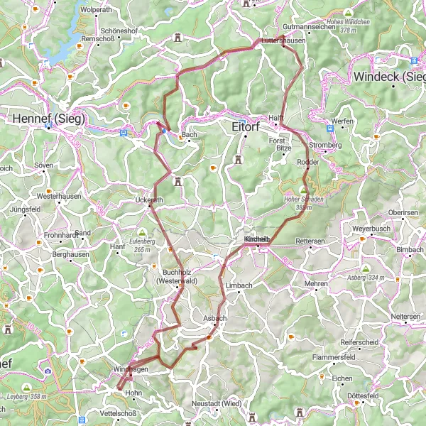 Map miniature of "Gravel Adventure in Vettelschoß" cycling inspiration in Koblenz, Germany. Generated by Tarmacs.app cycling route planner