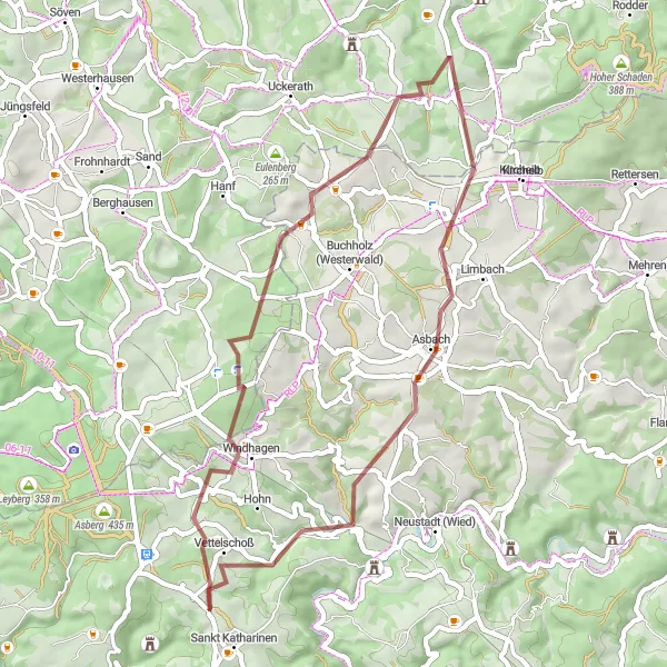 Map miniature of "Vettelschoß Countryside Hamlets" cycling inspiration in Koblenz, Germany. Generated by Tarmacs.app cycling route planner