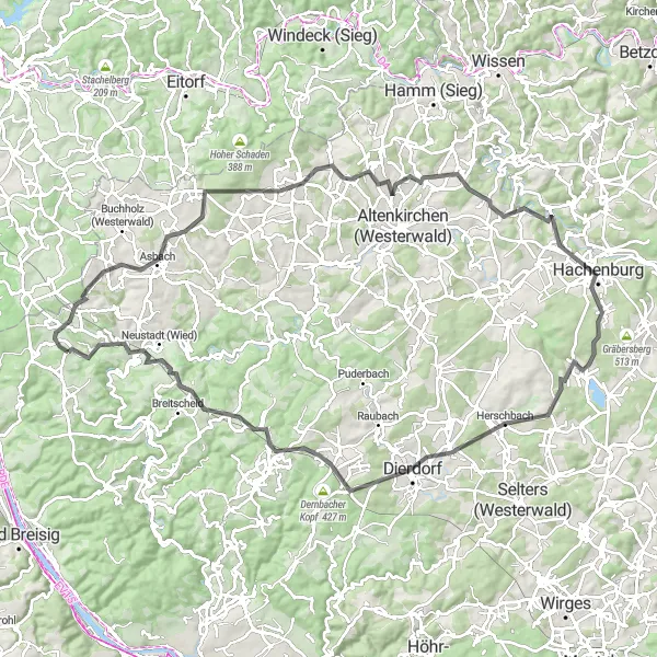 Map miniature of "The Hills and Views of Vettelschoß" cycling inspiration in Koblenz, Germany. Generated by Tarmacs.app cycling route planner