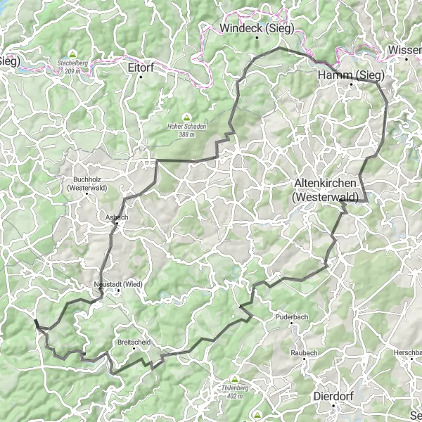 Karten-Miniaturansicht der Radinspiration "Die Herausforderung des Wiedtals" in Koblenz, Germany. Erstellt vom Tarmacs.app-Routenplaner für Radtouren