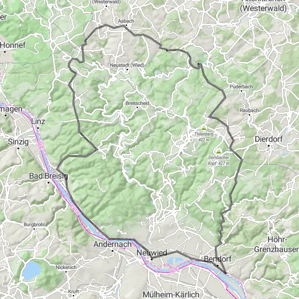 Map miniature of "The Ultimate Road Cycling Challenge near Vettelschoß" cycling inspiration in Koblenz, Germany. Generated by Tarmacs.app cycling route planner